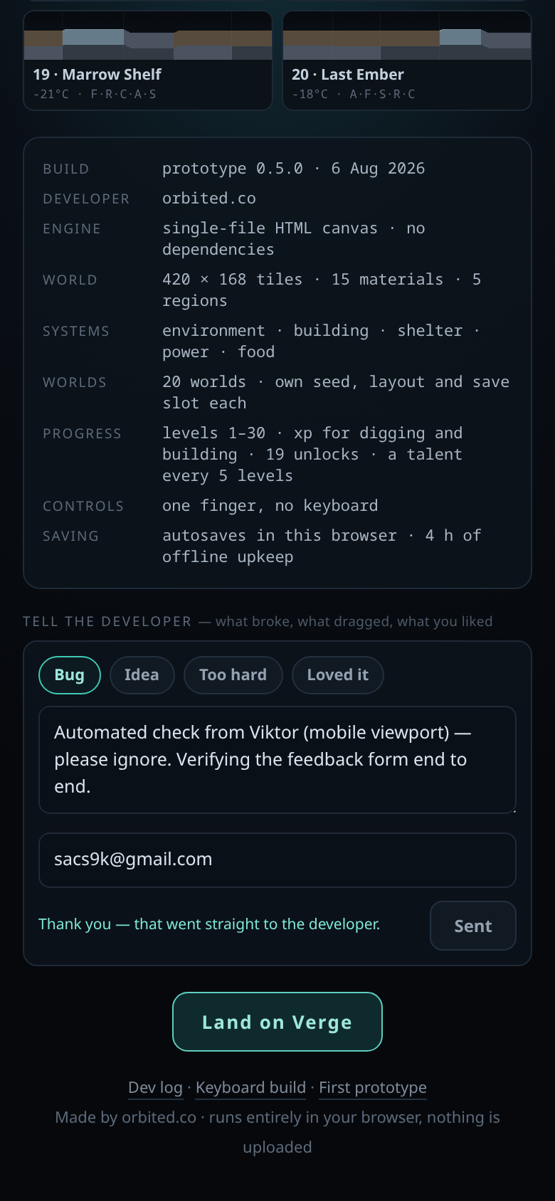 The feedback panel on the Orbit2D title screen, with Bug, Idea, Too hard and Loved it tags