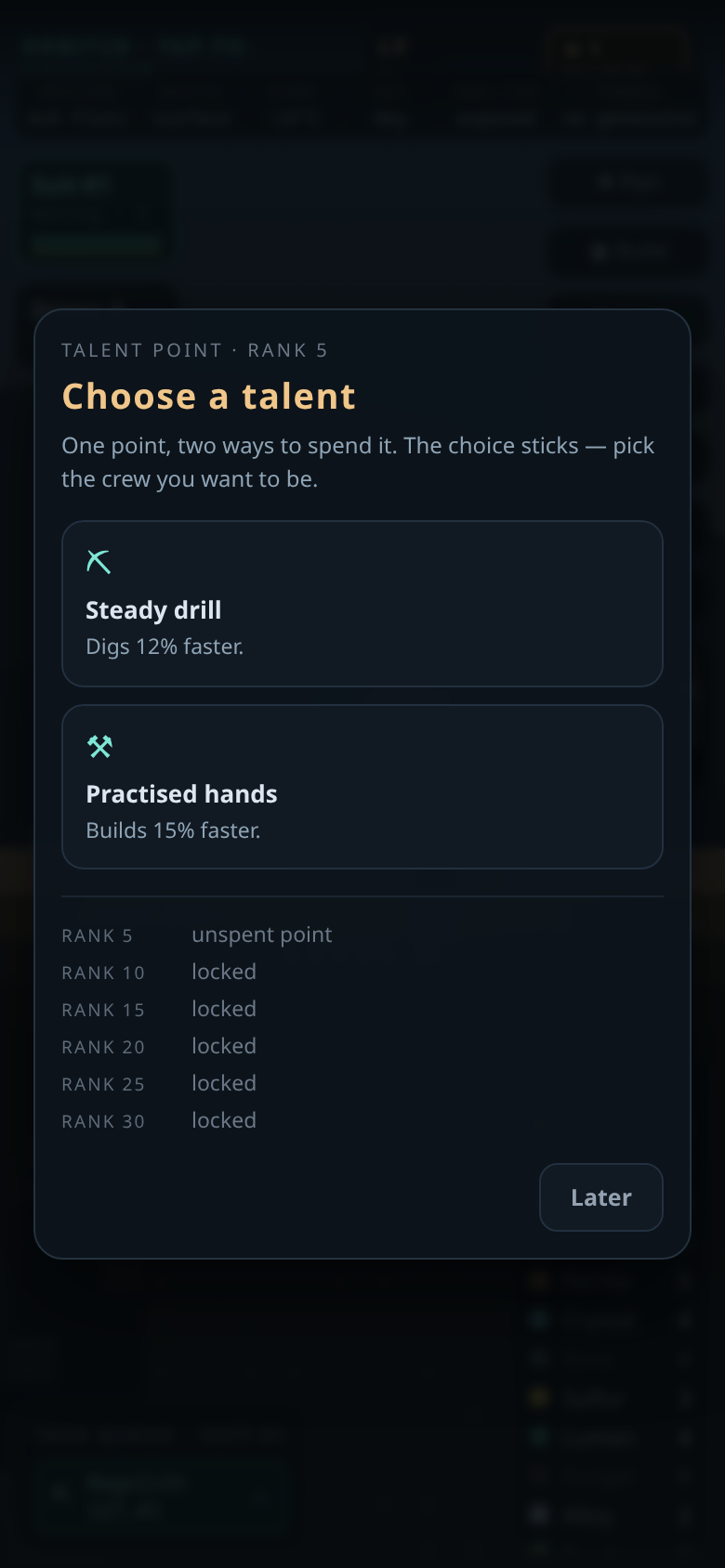 The talent picker offering Steady drill or Practised hands at rank 5