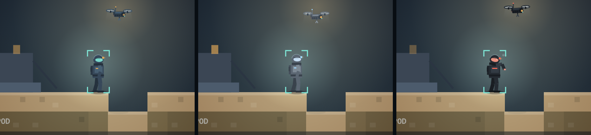 The same Orbit2D suit and drone in three colourways: standard issue blue-grey, rime white, and signal black with a red visor