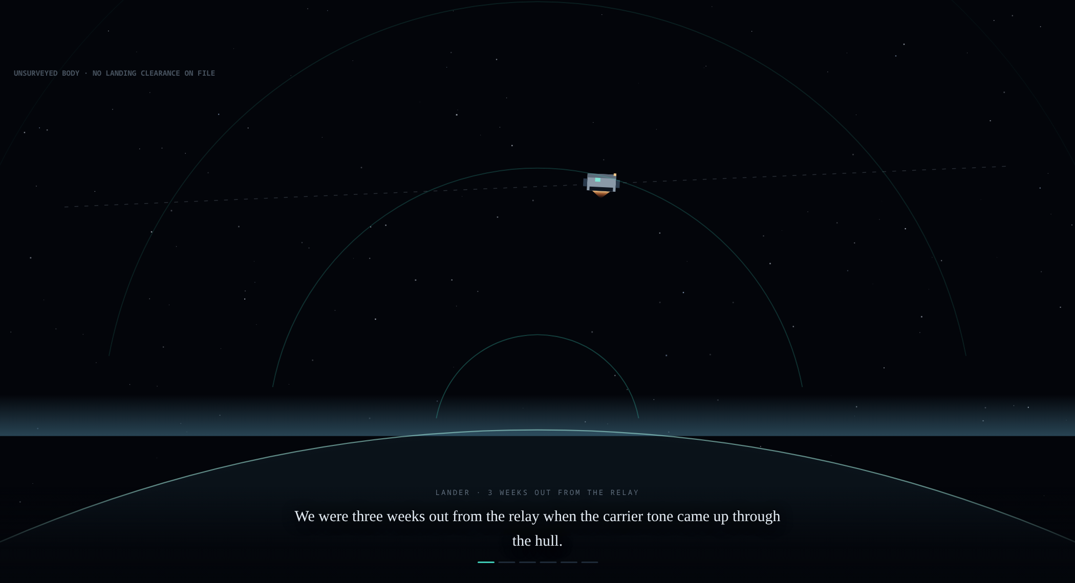 Shot one of the Orbit2D intro: the lander on its relay course with the planet's limb below and rings of the carrier tone rising to meet it
