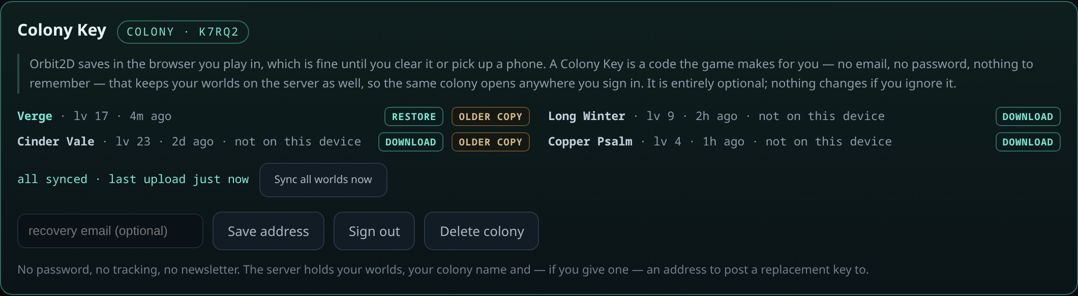 The Colony Key panel on the Orbit2D title screen: four synced worlds listed with their rank and how long ago each was uploaded, restore and older-copy buttons beside each one, and a status line reading all synced, last upload just now