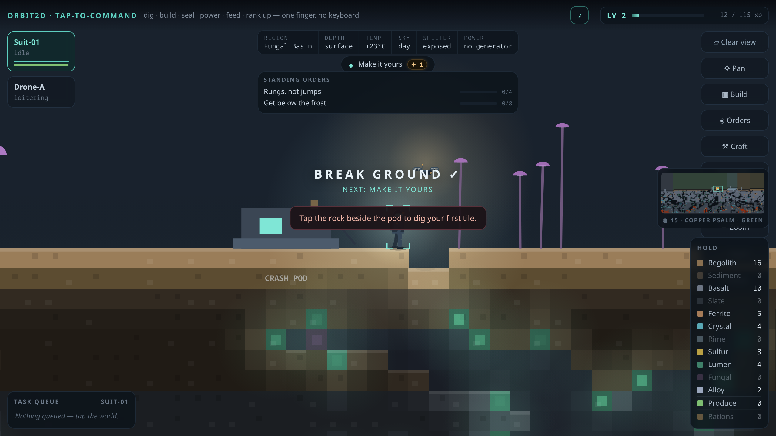 The Orbit2D surface on Copper Psalm: a green-tinted sky, tall pink fungal caps crowded along the surface, lumen glowing thickly in the rock below, and the temperature reading plus 23 degrees