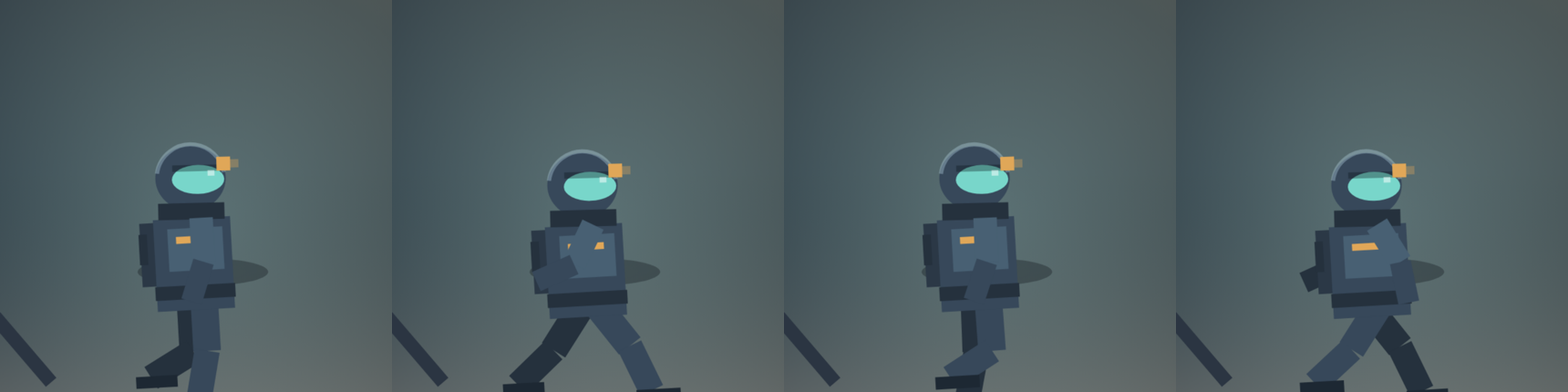 Four frames of the Orbit2D suit walking, showing hips, knees and counter-swinging arms