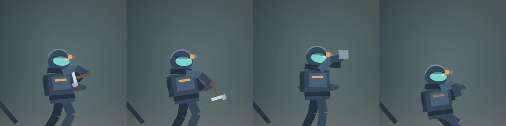 Four Orbit2D poses: the pick raised, the pick struck into the floor, a panel hoisted into place, and the suit huddled in the cold