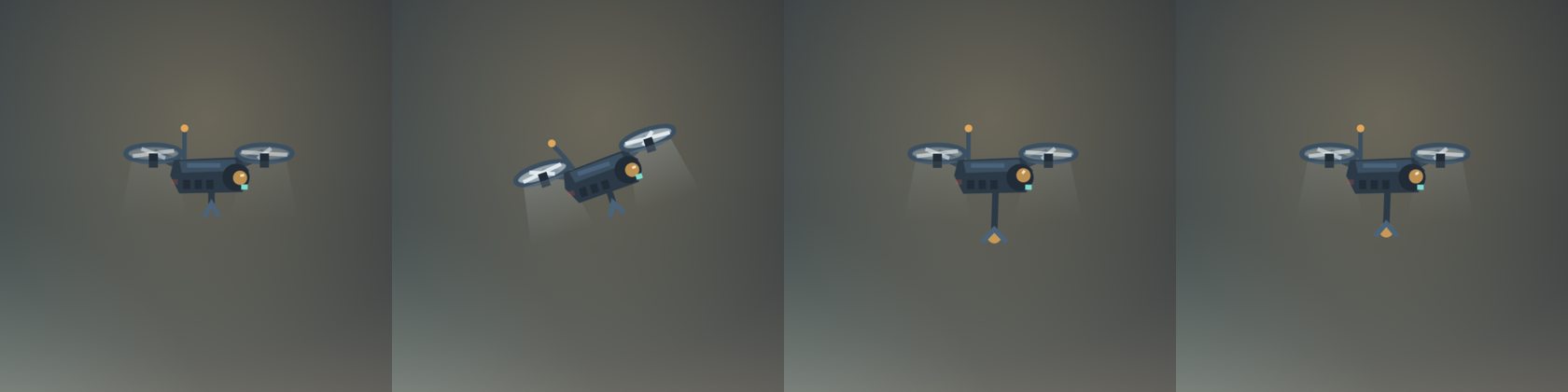 The Orbit2D drone loitering, flying with blades blurred and tilted forward, cutting rock with its arm extended, and building