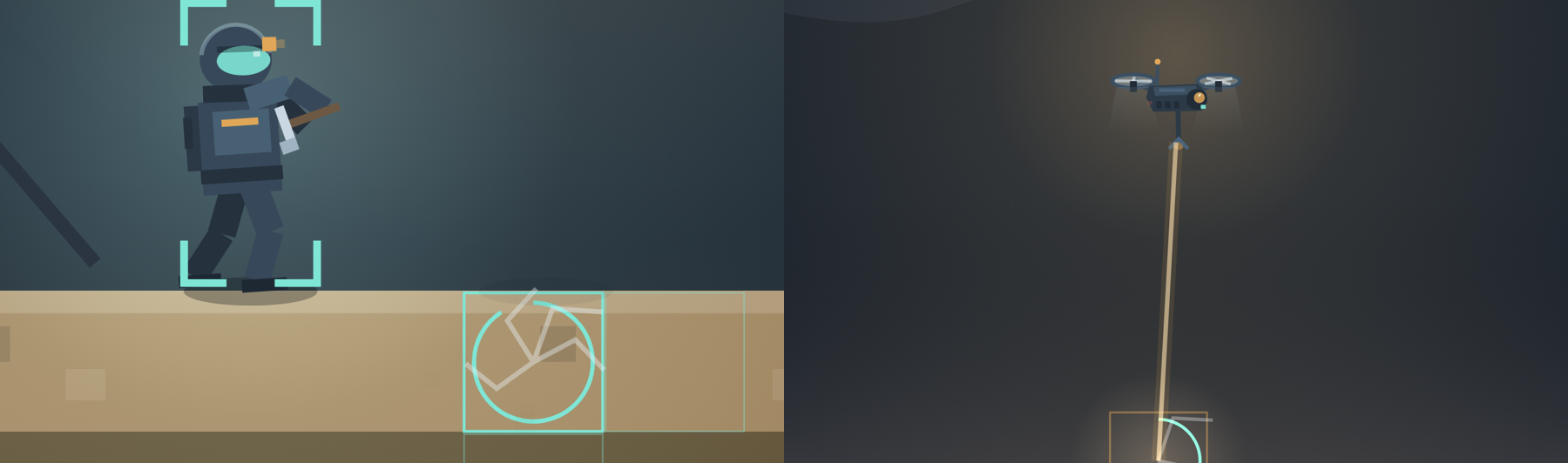 Left: an Orbit2D tile cracking as the suit cuts it, with corner brackets around the selected crew member. Right: the drone hanging above a shaft with its cutting beam landing on the rock