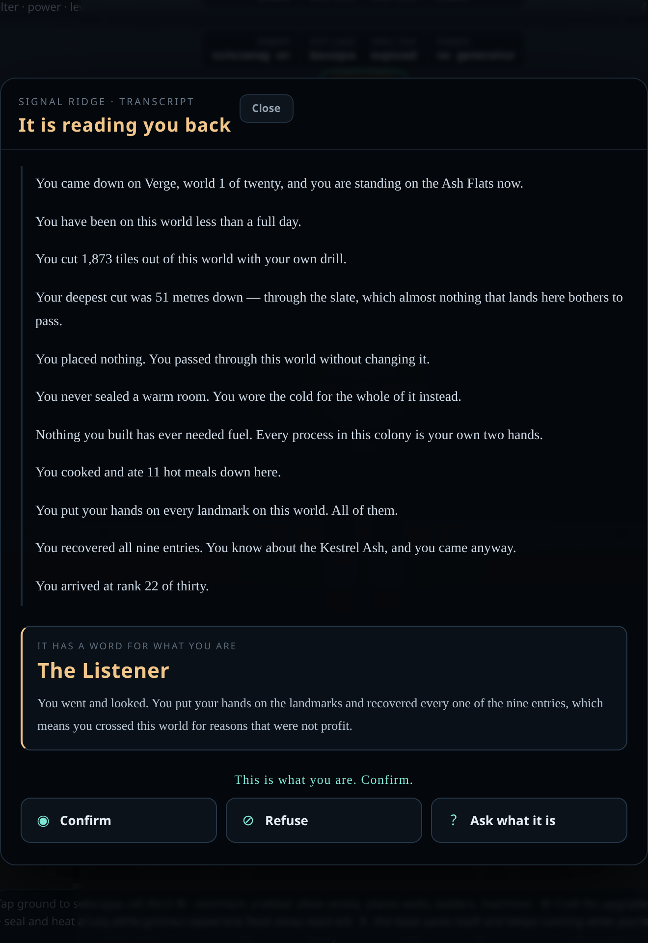 The ending reads the colony back
