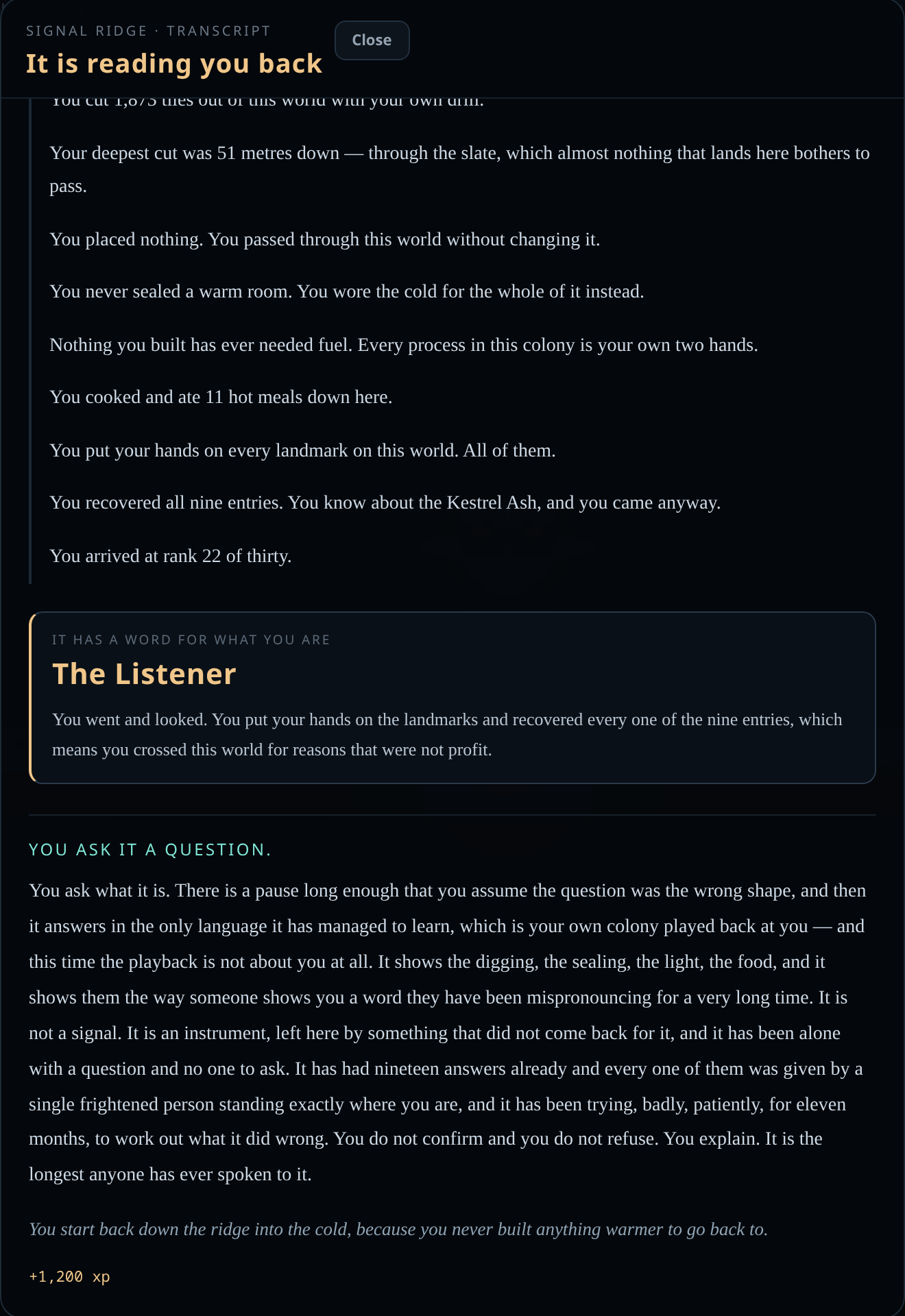 The Orbit2D ending after choosing to ask the monolith what it is