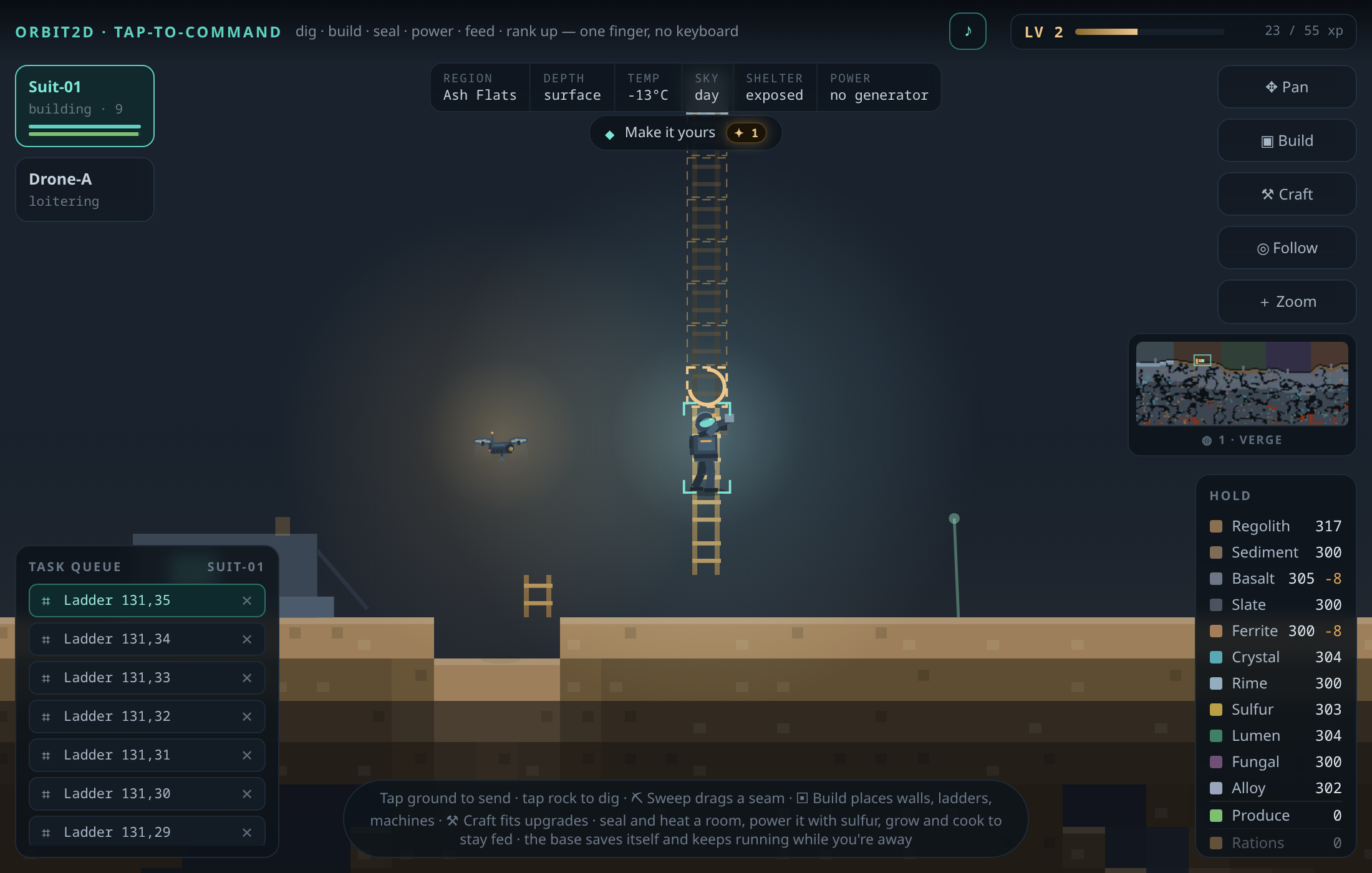The Orbit2D suit part way up a tall wooden ladder it is building toward a floating rock, with a task queue down the left listing seven queued ladder pieces