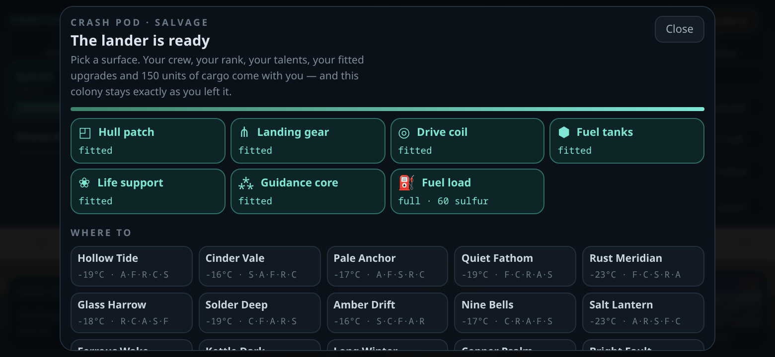 The same lander panel on a short landscape screen, with the part cards compressed into a single row of names and states so the destination list is visible without scrolling far