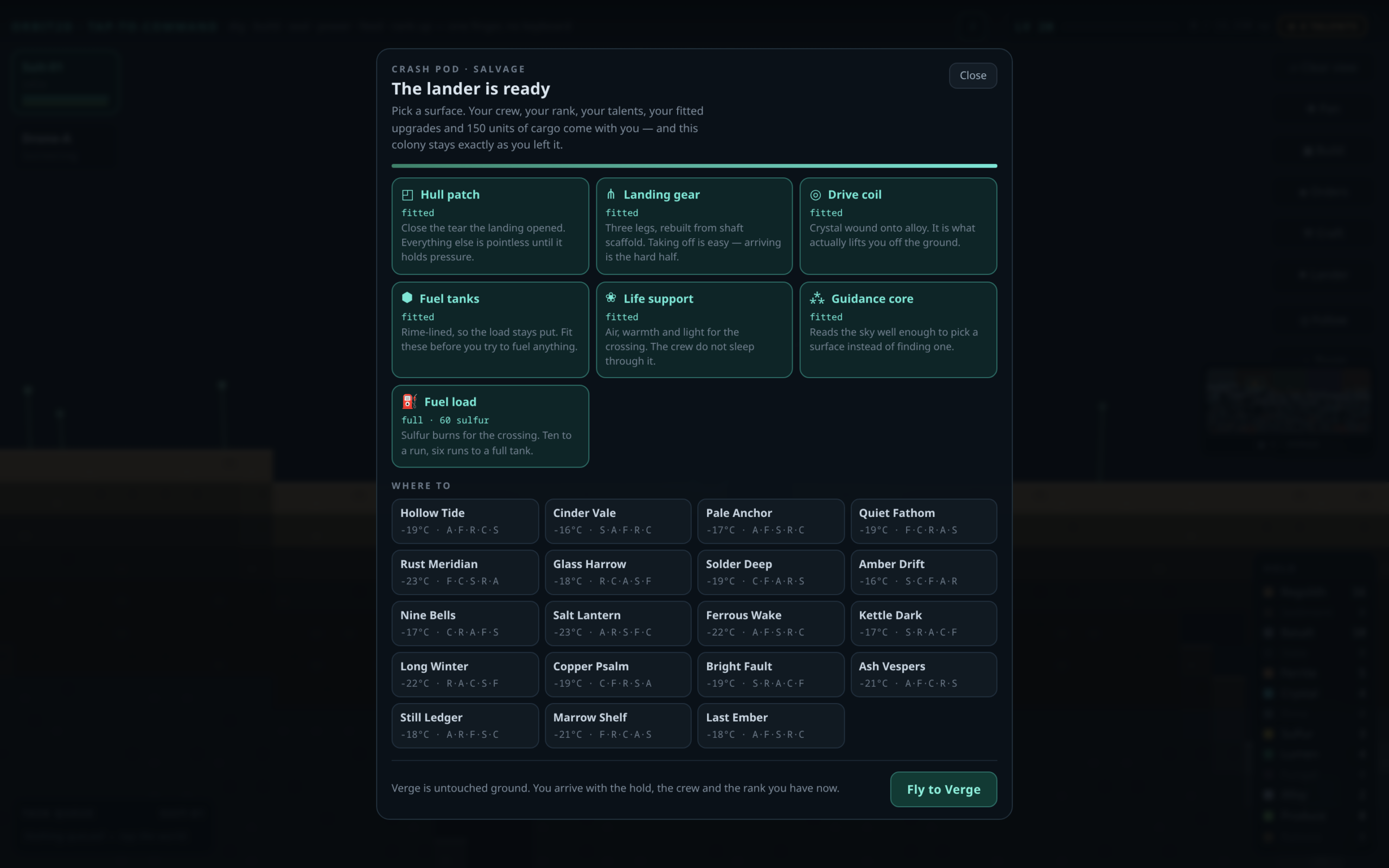 The lander is ready panel in Orbit2D: all six parts fitted, a full fuel load, and a grid of unlocked worlds to pick as a landing site