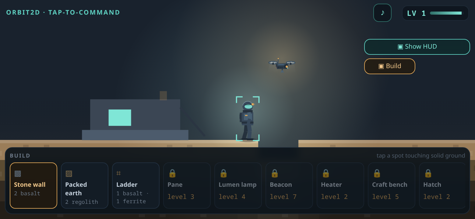Orbit2D with every panel folded away except the build tray and a Show HUD button