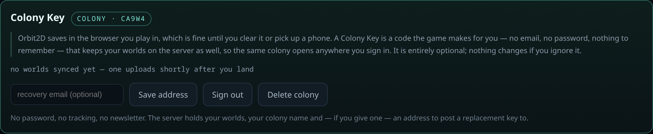 The panel signed in to colony CA9W4 with a recovery email field, Save address, Sign out and Delete colony buttons