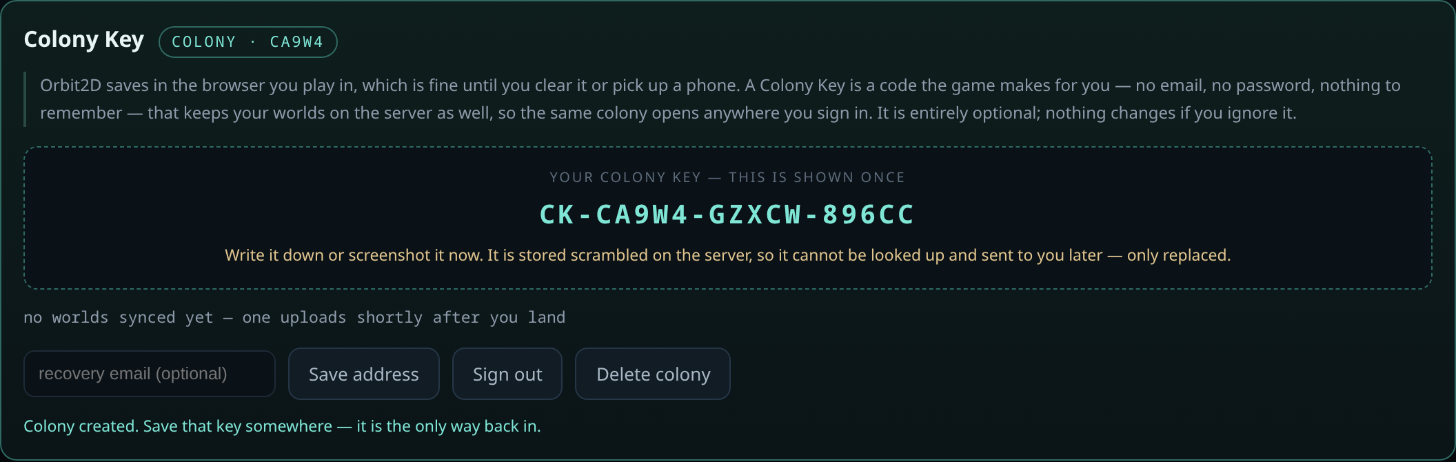 The same panel after creating a colony, showing the key CK-CA9W4-GZXCW-896CC in large type with a warning that it is shown once and stored scrambled on the server
