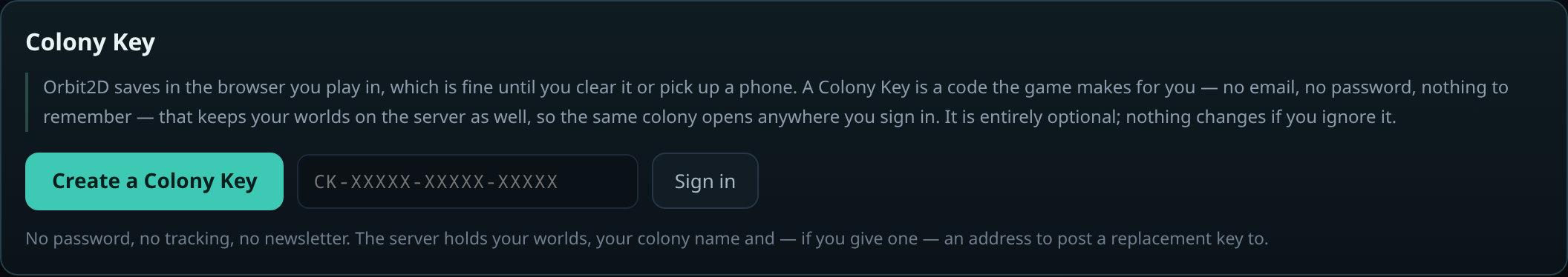 A panel headed Colony Key with a Create a Colony Key button, a field expecting a code in the form CK-XXXXX-XXXXX-XXXXX, and a Sign in button