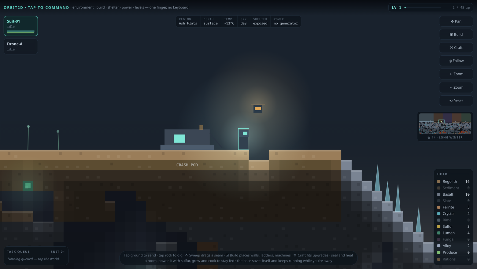 Orbit2D gameplay on world 14, Long Winter, with the survey panel naming the world