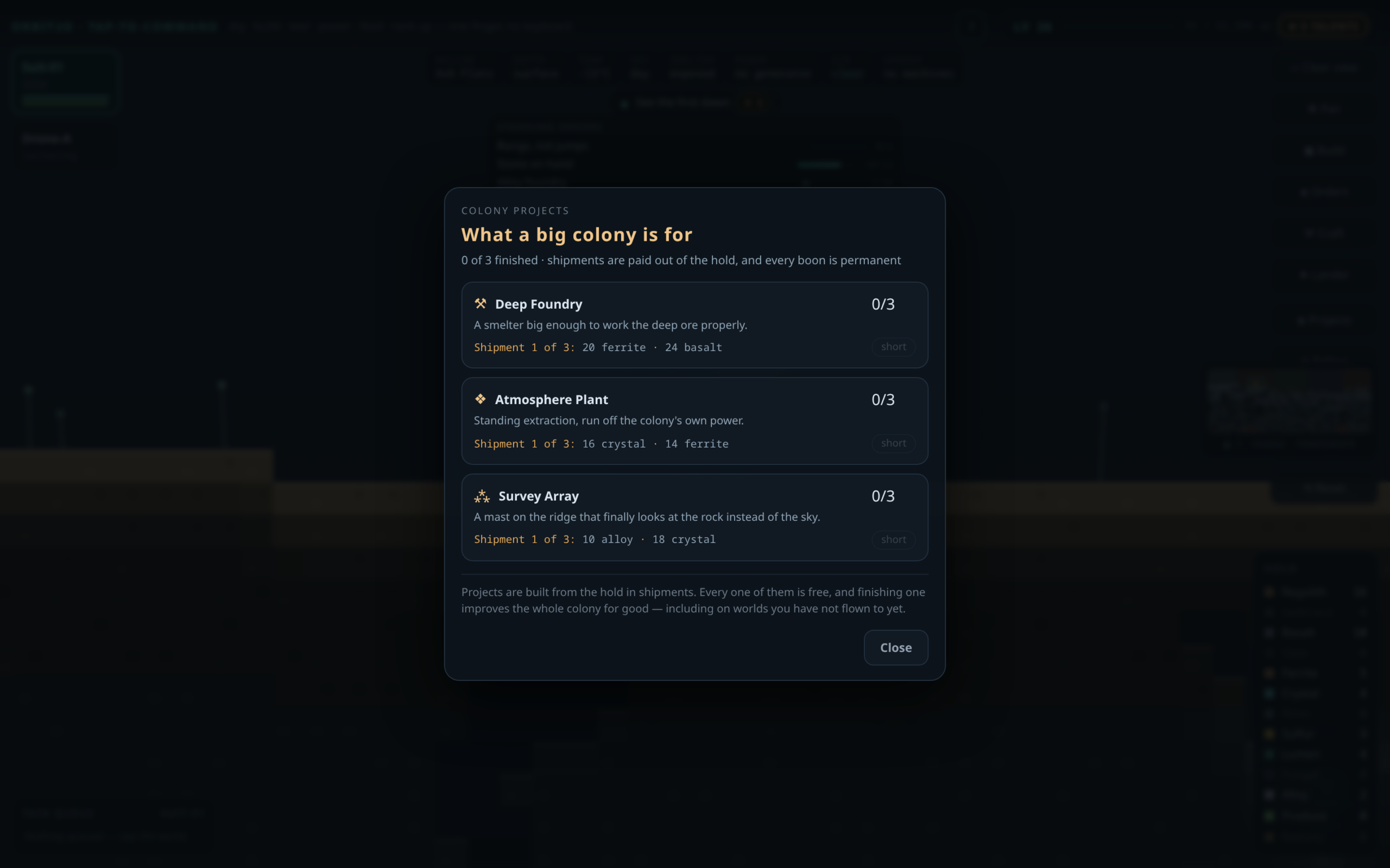 The Colony Projects panel on a dark background: three projects — Deep Foundry, Atmosphere Plant and Survey Array — each with a description, the materials needed for shipment one of three, and a note that every boon is permanent