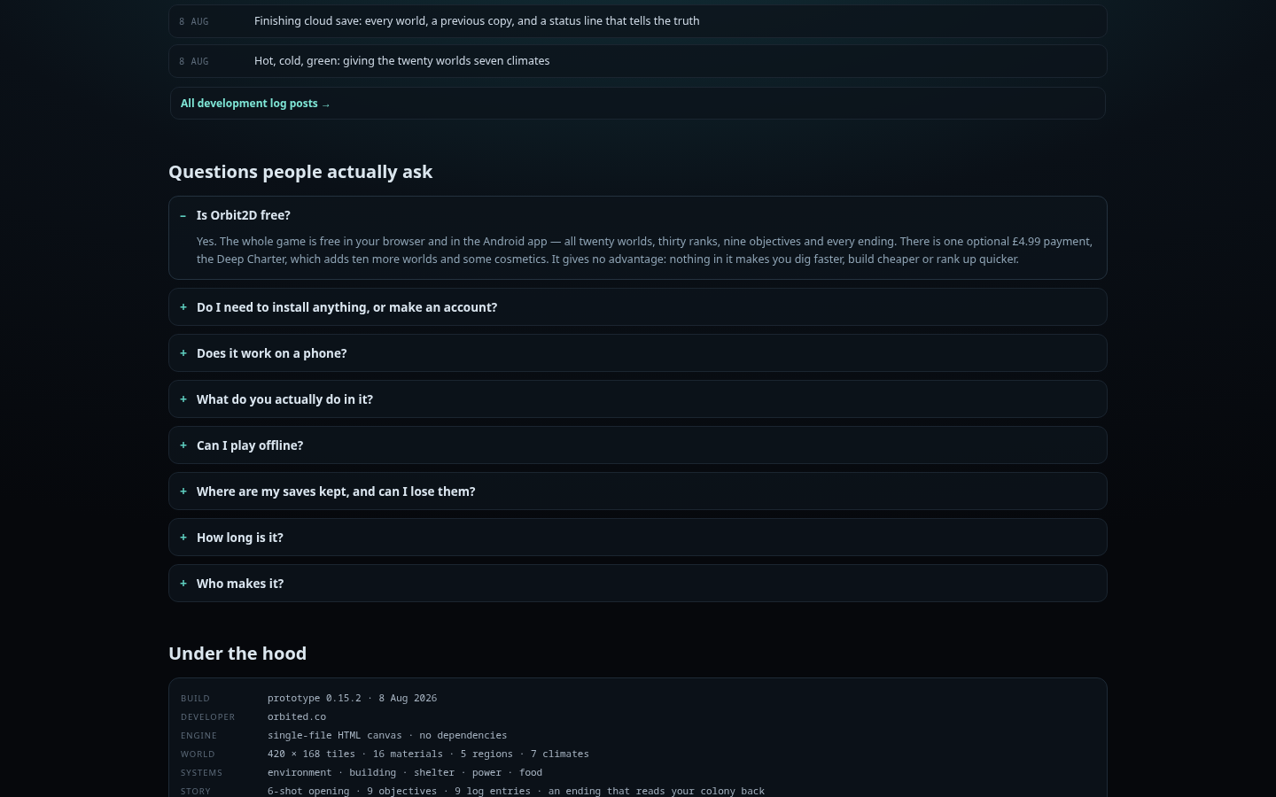 The new FAQ section on the Orbit2D title screen